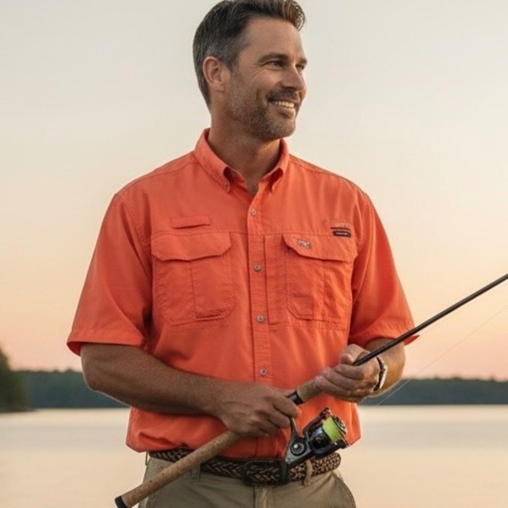 Eddie Bauer Fishing Outdoor Shirt XXL Orange Coral Short Sleeve‎ Vented Pockets